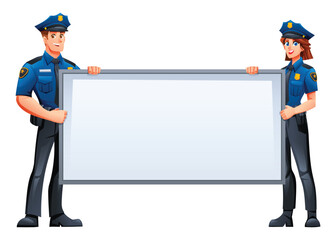 Male and female police officers holding a blank horizontal white sign for your custom text. Vector cartoon character illustration