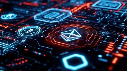 Abstract digital circuit with glowing symbols