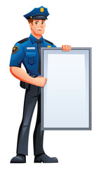 Police officer holding a blank vertical white sign, perfect for announcements or public notices. Vector cartoon character illustration