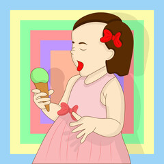 Vector colorful illustration of a young girl with a red bow in her hair, wearing a pink dress, happily eating green ice cream. Perfect for kids, summer or dessert stock images.