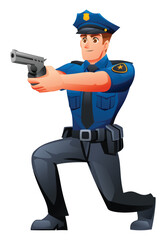Police officer in a kneeling defensive position, holding a handgun and ready for action. Vector cartoon character illustration