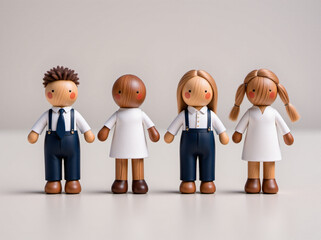 A charming collection of wooden peg dolls representing diversity and friendship, showcasing different hairstyles and outfits.