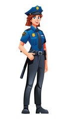 Female police officer standing confidently in her uniform with a hat and badge. Vector cartoon character illustration