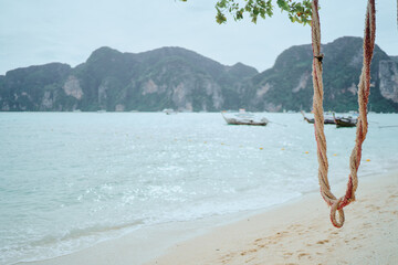 Tranquil Beach Scene with Swing Overlooking Serene Tropical Waters