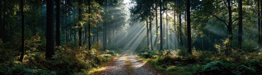 Fototapeta premium Mind reset concept. A serene forest path illuminated by soft, dappled sunlight.