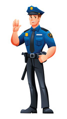 Police officer standing and waving, displaying a friendly and approachable demeanor. Vector cartoon character illustration