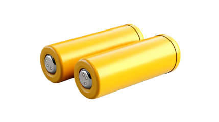 Yellow rechargeable batteries are lying on a black transparent background ready for powering devices.