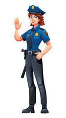 Female police officer standing and waving, displaying a friendly and approachable demeanor. Vector cartoon character illustration