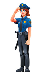 Female police officer standing and saluting, showing respect and professionalism in her duties. Vector cartoon character illustration