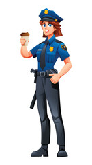 Female police officer holding a takeaway coffee cup, enjoying a break during her shift. Vector cartoon character illustration
