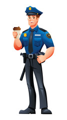 Police officer holding a takeaway coffee cup, taking a moment to relax during his shift. Vector cartoon character illustration