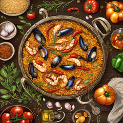 Ultra-Detailed Botanical Illustration of Paella: A Culinary Art Masterpiece