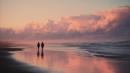Fototapeta premium Romantic couple enjoys peaceful walk along beach at sunset, feeling content