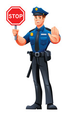 Police officer holding a stop sign and showing a stop gesture. Vector cartoon character illustration