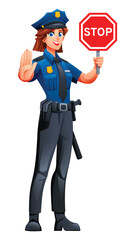 Female police officer holding a stop sign and showing a stop gesture. Vector cartoon character illustration