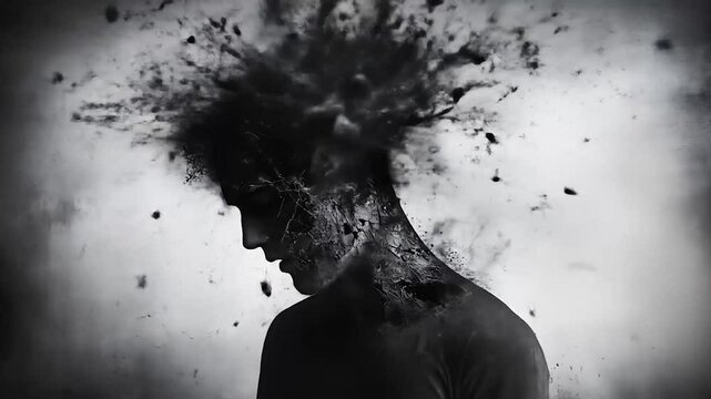 Abstract Video of a Person's Head Exploding with Dark Ink and Particles