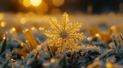 Frozen snowflake on frosted grass