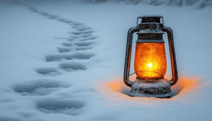 A warm lantern illuminates winter footprints
