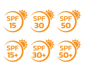 Vector set of SPF icons for sunscreen labels. Sun protection symbols with SPF 15, 30, 50, and plus versions. Skincare and UV protection design elements.