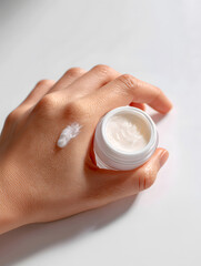 Beauty Hand with Visible Skin Detail Holding Cream Jar