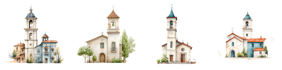 Watercolor Churches Collection: European Architecture, Bell Towers, and Vintage Buildings