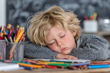 Tired blond boy sleeping on desk at school after drawing with colored pencils