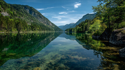 Scenic mountain lake invites quiet contemplation and natural beauty