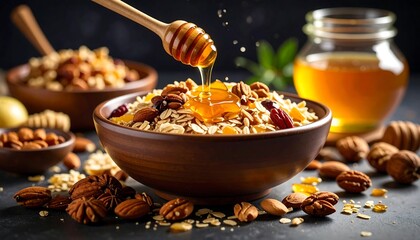 Granola bowl with honey and nuts.