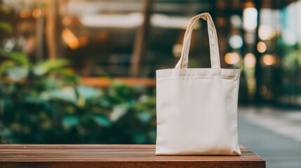Plain off-white canvas tote bag with two handles on a wooden slatted surface, soft blurred background of lush green foliage, warm bokeh light spots, calm outdoor or semi-outdoor setting, 