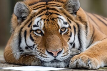 Obraz premium Siberian tiger resting head on paws near blank paper