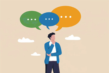 Flat cartoon vector illustration of a man thinking with speech bubbles isolated on transparent background