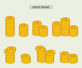 Flat vector illustration of Swiss franc coin stacks in yellow, financial forex currency icon
