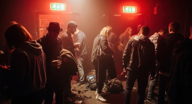 Crowded nightclub scene with diverse young adults socializing