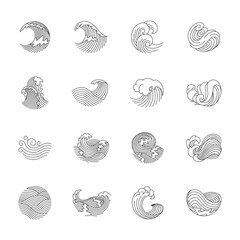 Oriental waves icons japan. Stylized ocean wave curls, japan style tsunami, sea swirls graphics collection. Oceanic water asian decorative ornamental splashes elements. Art vector illustration