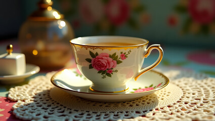 Elegant tea setting with floral cup and saucer on lace doily