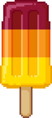 Pixel art illustration of a layered fruit popsicle in red, orange, and yellow colors on a white background. Vector illustration.