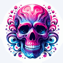 Fototapeta premium Colorful skull with swirling patterns in pink, purple, and blue hues.