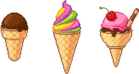 Three types of ice cream in waffle cones. Pixel art style with chocolate scoop, rainbow swirl and cherry topping. Minimal and colorful design. Vector illustration.