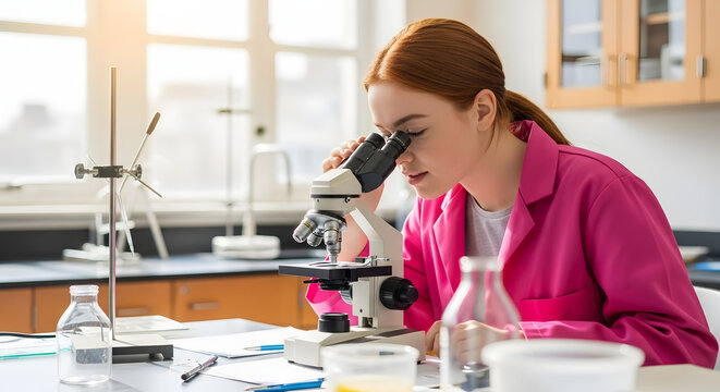 A female student with red hair and a pink lab coat uses a microscope in a bright science lab
