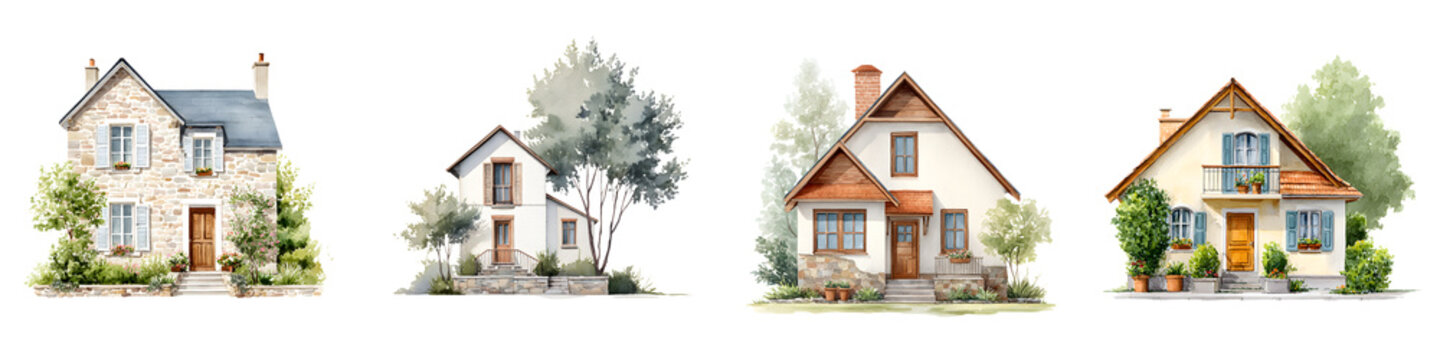 Watercolor House Illustrations Set, Cottage and Modern Home Design