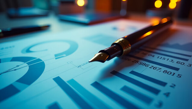 Fountain pen on financial chart with bar graphs and numbers