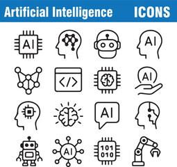 Fototapeta premium Artificial Intelligence Icon Set Microchip, Robot, Neural Network Digital Brain Graphics