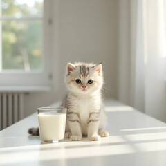 Cute Kitten Sitting Near Glass of Milk Indoors