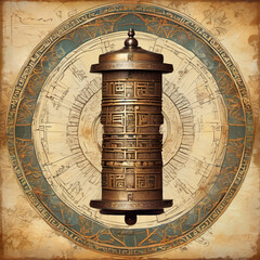 Vintage Postcard of Quantum Prayer Wheel with GIS Mapping Medium