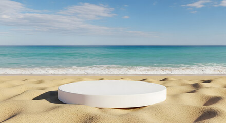 Obraz premium 3D Render of Summer Podium Setup on Seashore with Travel Island View