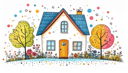 Lively house surrounded by trees and flowers illustrated in hand-drawn doodle
