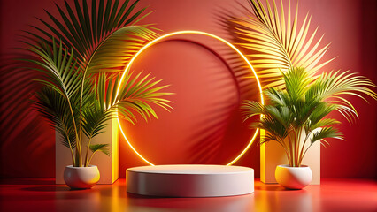 Obraz premium Elegant Product Podium in a Tranquil Tropical Environment with Lush Plants and Neon Light Ring Red Background