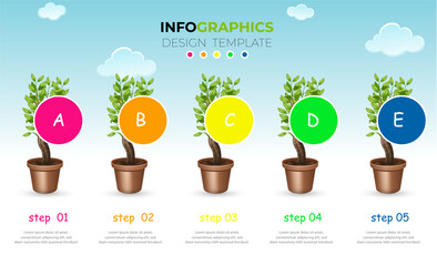 Business presentation with 5 steps or processes. Info graphic. Vertical infographics or time lines with 2, 3, 4, 5, parts. Stylized trees with leaves. Development and growth of the green technology.
