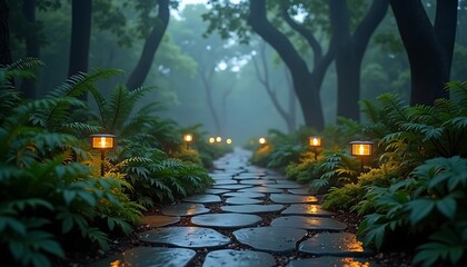 Stone pathway with small lanterns surrounded by lush green ferns and tall trees in misty forest
