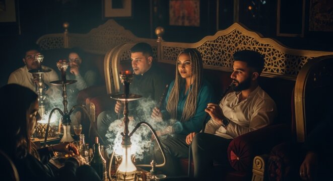 Diverse group of young adults enjoying hookah in a dimly lit lounge setting